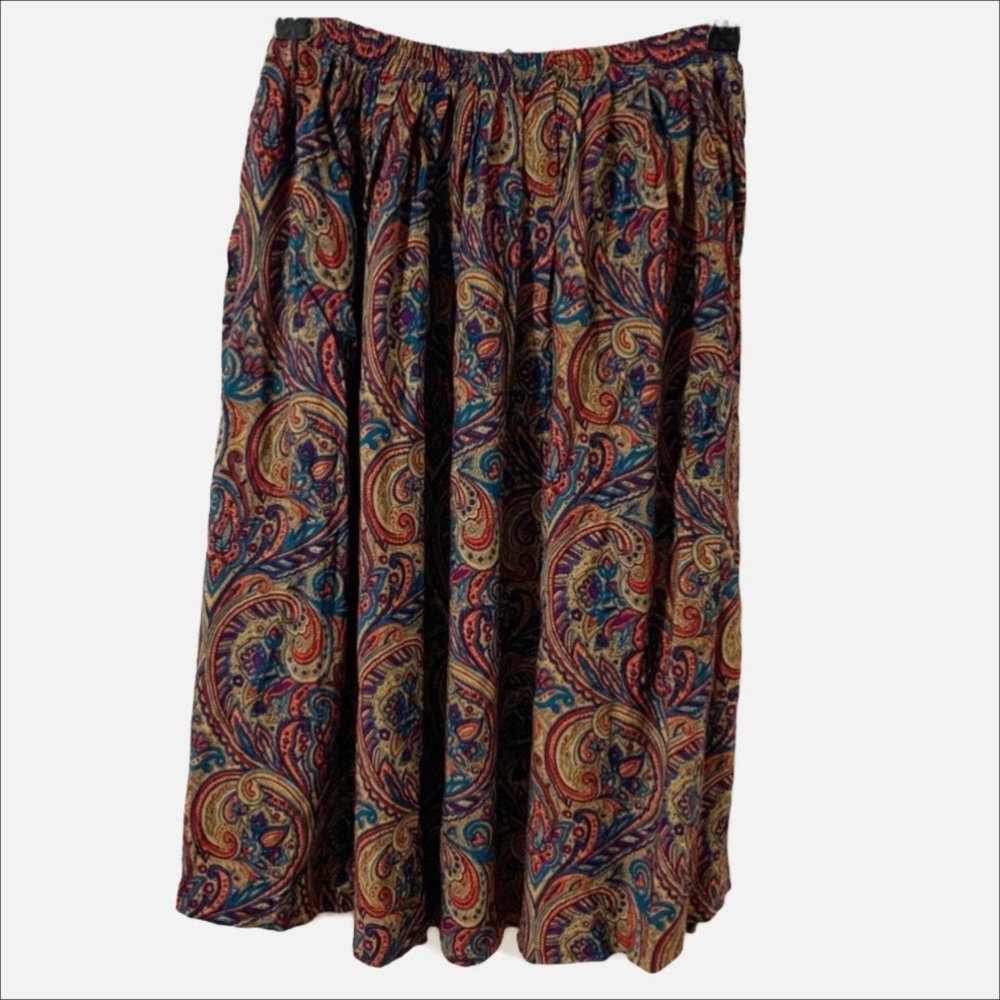 Vintage Unbranded Rayon Longer Length Paisley Skirt Partial Elastic Waist Pleats